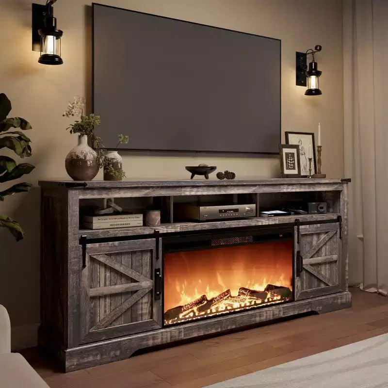Meuble TV SinCiDo pour téléviseurs 75 pouces avec foyer et porte coulissante style grange, avec télécommande, flamme 3D, pour salon