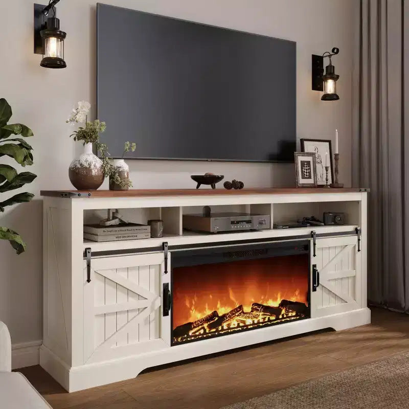 Meuble TV SinCiDo pour téléviseurs 75 pouces avec foyer et porte coulissante style grange, avec télécommande, flamme 3D, pour salon