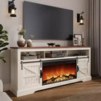 Meuble TV SinCiDo pour téléviseurs 75 pouces avec foyer et porte coulissante style grange, avec télécommande, flamme 3D, pour salon