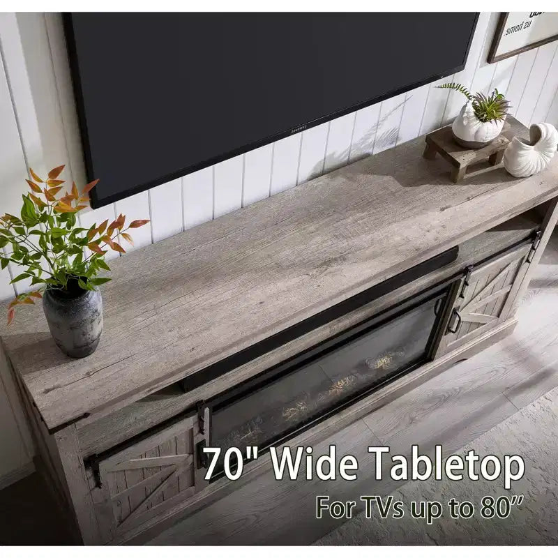 Meuble TV SinCiDo pour téléviseurs 75 pouces avec foyer et porte coulissante style grange, avec télécommande, flamme 3D, pour salon