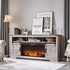 Meuble TV SinCiDo pour téléviseurs 75 pouces avec foyer et porte coulissante style grange, avec télécommande, flamme 3D, pour salon