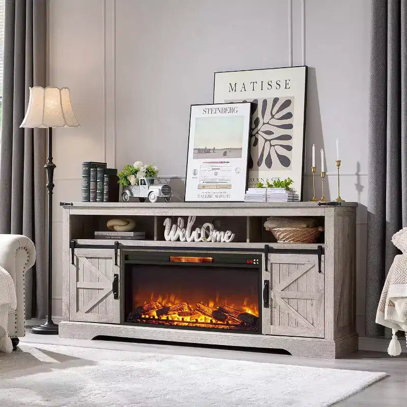 Meuble TV SinCiDo pour téléviseurs 75 pouces avec foyer et porte coulissante style grange, avec télécommande, flamme 3D, pour salon