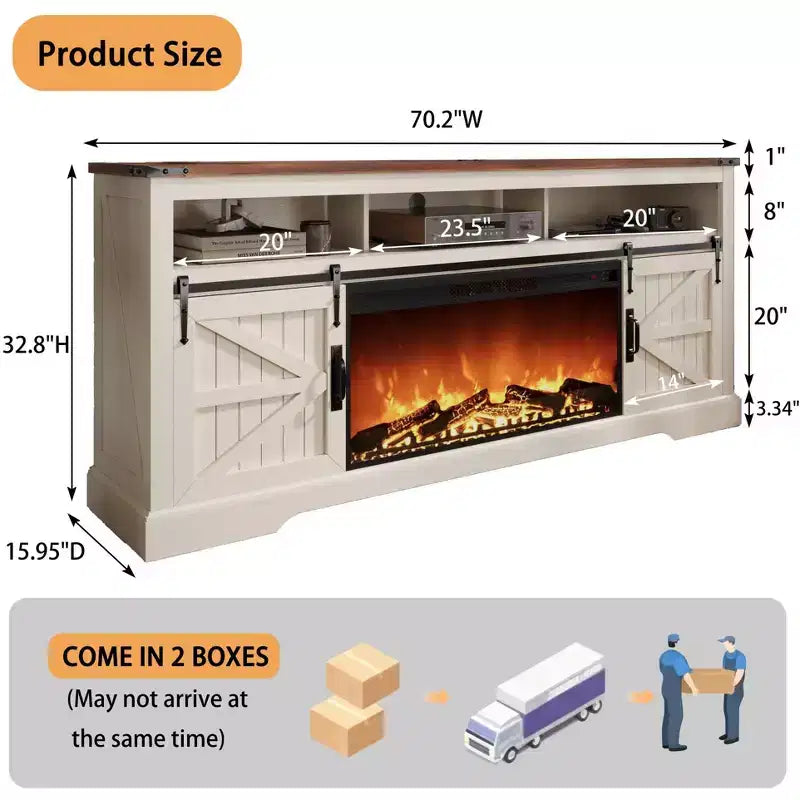 Meuble TV SinCiDo pour téléviseurs 75 pouces avec foyer et porte coulissante style grange, avec télécommande, flamme 3D, pour salon