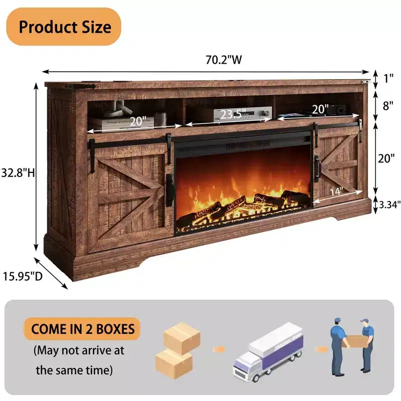 Meuble TV SinCiDo pour téléviseurs 75 pouces avec foyer et porte coulissante style grange, avec télécommande, flamme 3D, pour salon