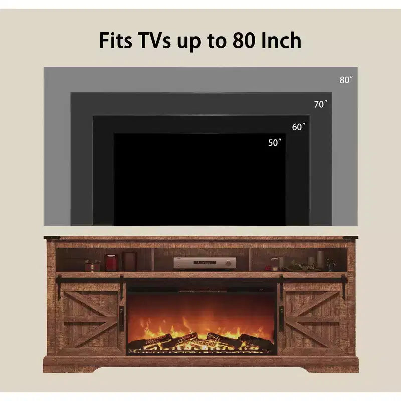Meuble TV SinCiDo pour téléviseurs 75 pouces avec foyer et porte coulissante style grange, avec télécommande, flamme 3D, pour salon
