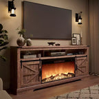 Meuble TV SinCiDo pour téléviseurs 75 pouces avec foyer et porte coulissante style grange, avec télécommande, flamme 3D, pour salon