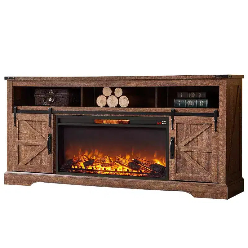 Meuble TV SinCiDo pour téléviseurs 75 pouces avec foyer et porte coulissante style grange, avec télécommande, flamme 3D, pour salon