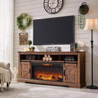 Meuble TV SinCiDo pour téléviseurs 75 pouces avec foyer et porte coulissante style grange, avec télécommande, flamme 3D, pour salon