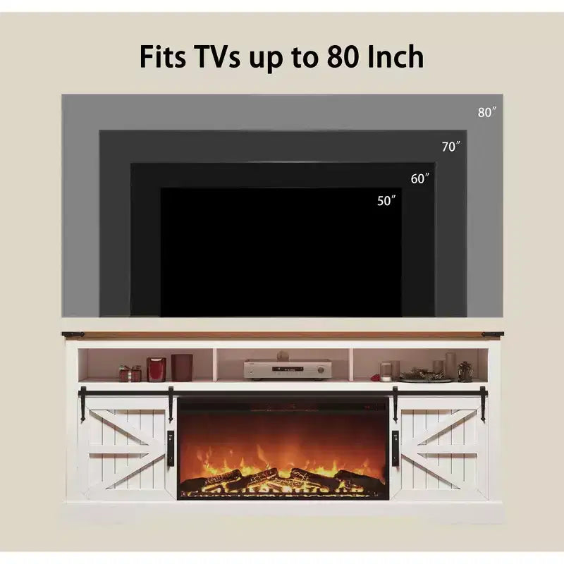 Meuble TV SinCiDo pour téléviseurs 75 pouces avec foyer et porte coulissante style grange, avec télécommande, flamme 3D, pour salon