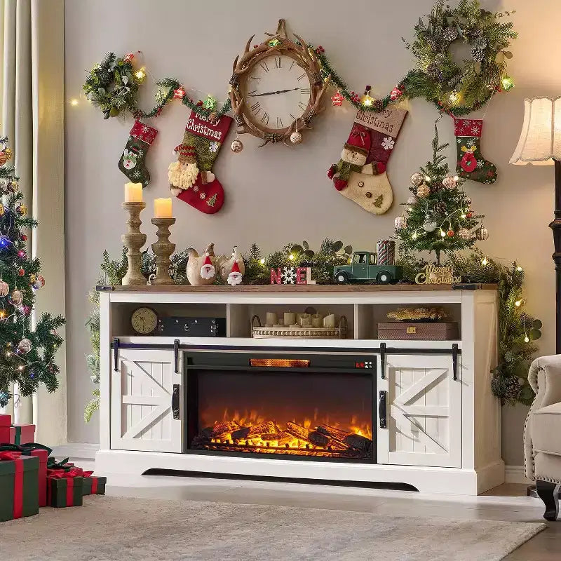 Meuble TV SinCiDo pour téléviseurs 75 pouces avec foyer et porte coulissante style grange, avec télécommande, flamme 3D, pour salon
