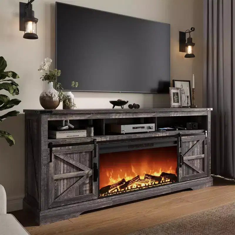 Meuble TV SinCiDo pour téléviseurs 75 pouces avec foyer et porte coulissante style grange, avec télécommande, flamme 3D, pour salon