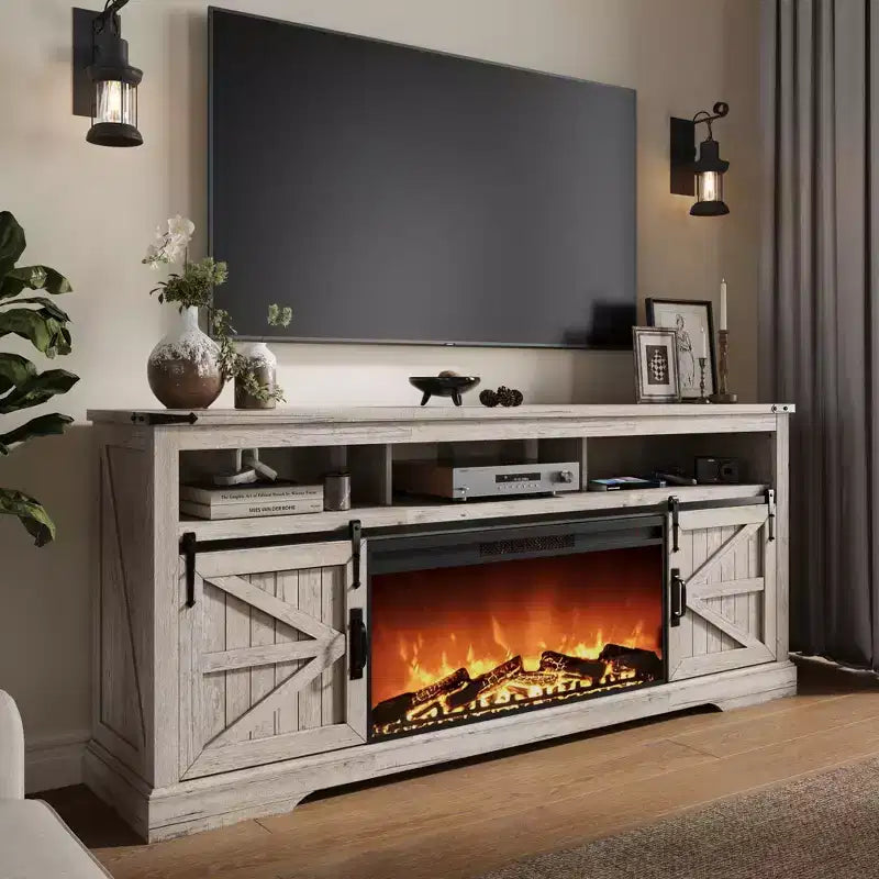 Meuble TV SinCiDo pour téléviseurs 75 pouces avec foyer et porte coulissante style grange, avec télécommande, flamme 3D, pour salon