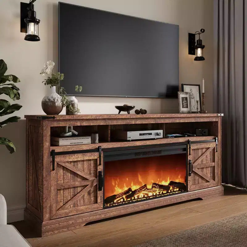 Meuble TV SinCiDo pour téléviseurs 75 pouces avec foyer et porte coulissante style grange, avec télécommande, flamme 3D, pour salon