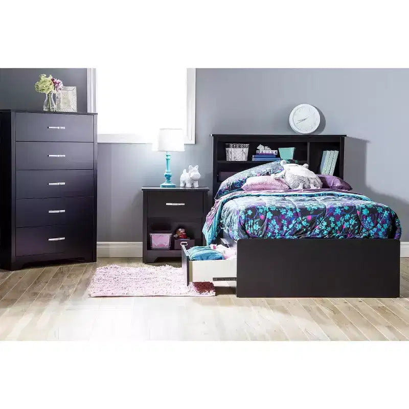 Cadre de lit HomeStock, noir, taille double, avec rangements, en panneaux de particules, 37,46 cm H