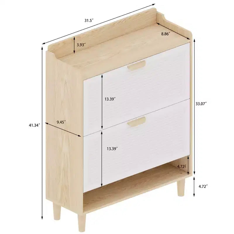 Chic Crate - Meuble à chaussures scandinave de 80 cm | 2 tiroirs basculants | Pieds en bois massif | Entrée/Étroit | Blanc/Bois massif