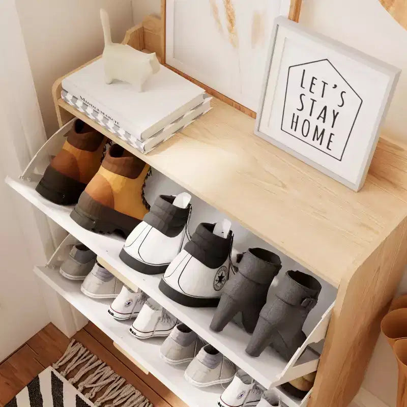 Chic Crate - Meuble à chaussures scandinave de 80 cm | 2 tiroirs basculants | Pieds en bois massif | Entrée/Étroit | Blanc/Bois massif