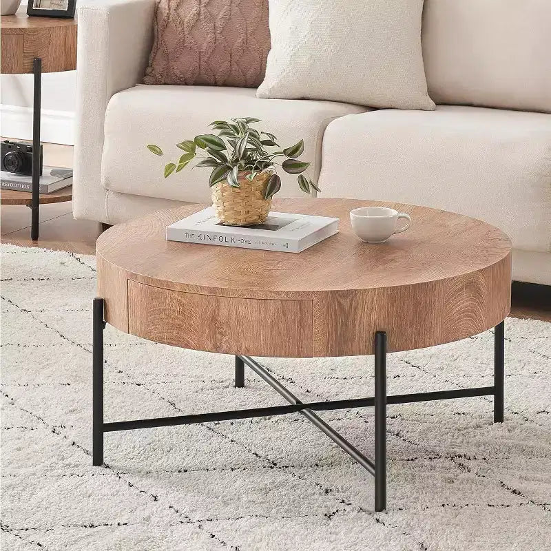 Table basse ronde Acekool avec 2 tiroirs, plateau en bois et piètement croisé en métal, table de rangement moderne de style ferme pour salon et appartement