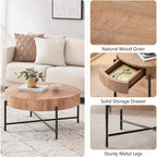 Table basse ronde Acekool avec 2 tiroirs, plateau en bois et piètement croisé en métal, table de rangement moderne de style ferme pour salon et appartement