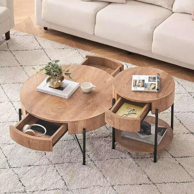 Table basse ronde Acekool avec 2 tiroirs, plateau en bois et piètement croisé en métal, table de rangement moderne de style ferme pour salon et appartement