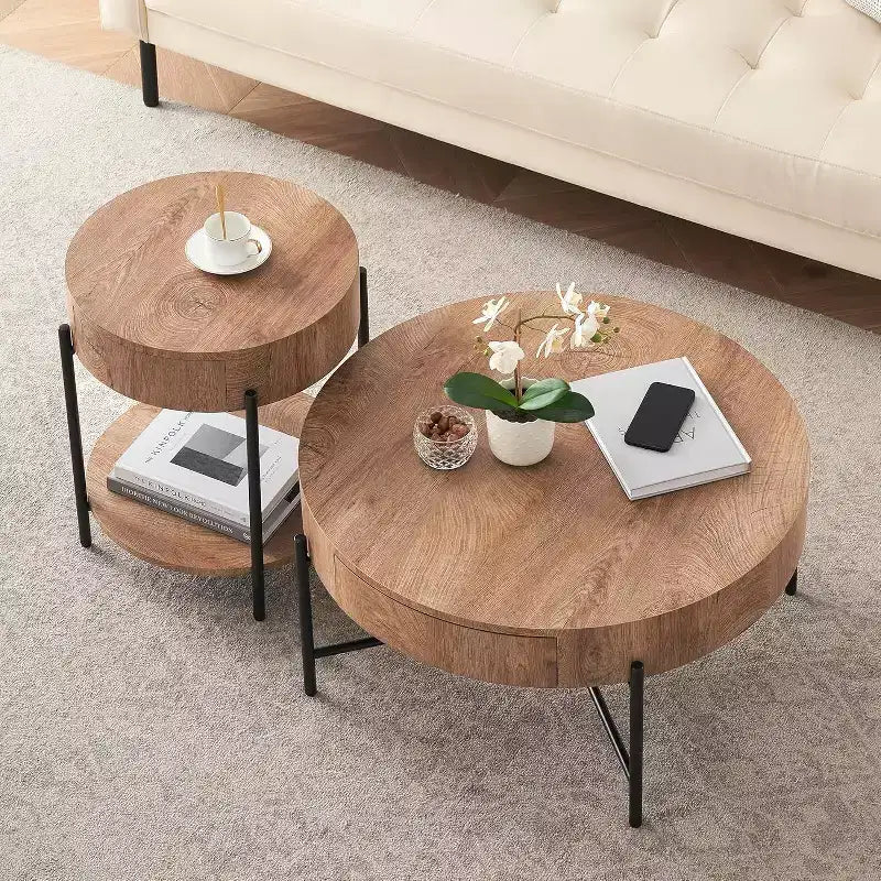 Table basse ronde Acekool avec 2 tiroirs, plateau en bois et piètement croisé en métal, table de rangement moderne de style ferme pour salon et appartement
