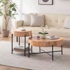 Table basse ronde Acekool avec 2 tiroirs, plateau en bois et piètement croisé en métal, table de rangement moderne de style ferme pour salon et appartement