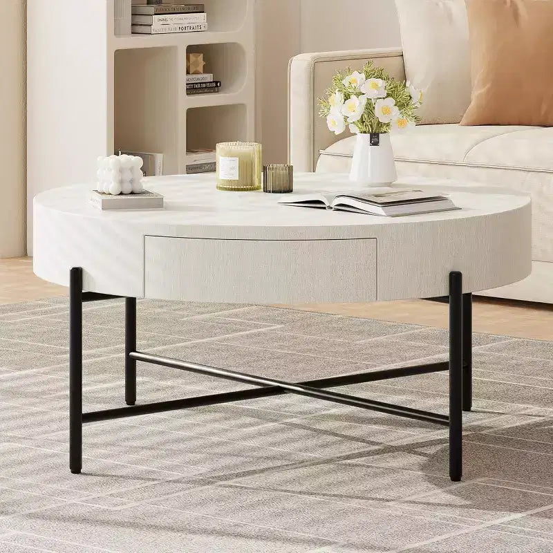 Table basse ronde Acekool avec 2 tiroirs, plateau en bois et piètement croisé en métal, table de rangement moderne de style ferme pour salon et appartement
