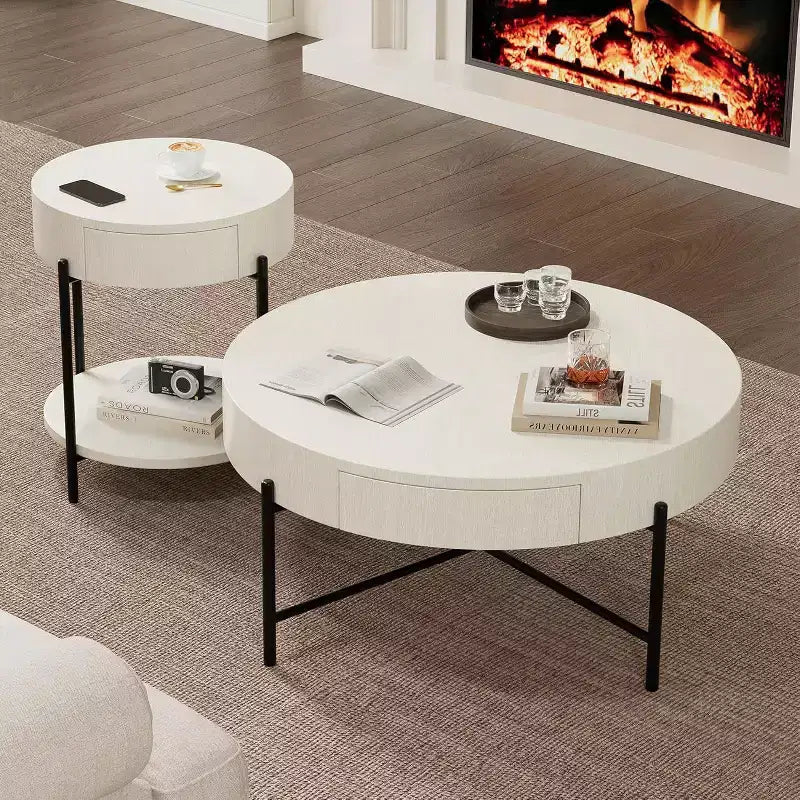 Table basse ronde Acekool avec 2 tiroirs, plateau en bois et piètement croisé en métal, table de rangement moderne de style ferme pour salon et appartement