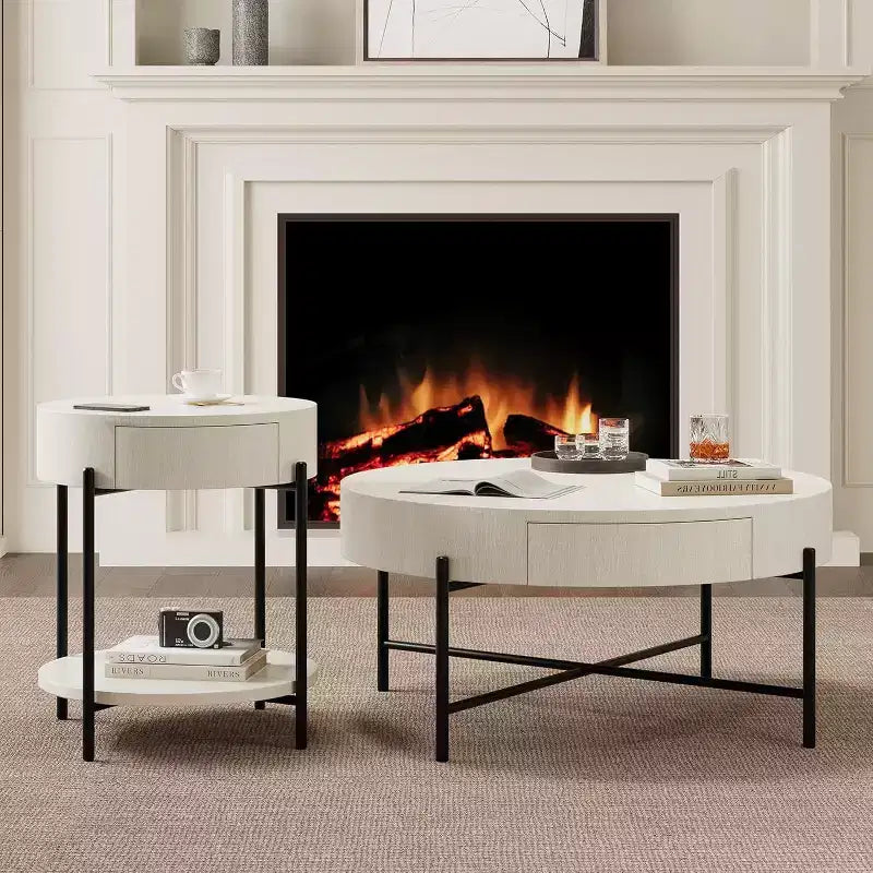 Table basse ronde Acekool avec 2 tiroirs, plateau en bois et piètement croisé en métal, table de rangement moderne de style ferme pour salon et appartement