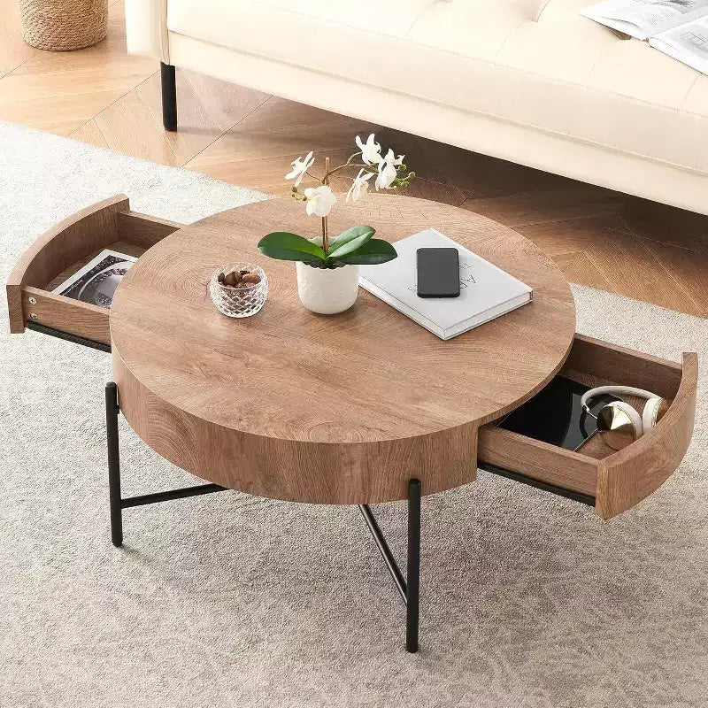 Table basse ronde Acekool avec 2 tiroirs, plateau en bois et piètement croisé en métal, table de rangement moderne de style ferme pour salon et appartement