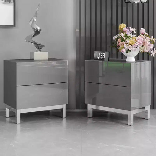 AMERLIFE 24 Modern High Gloss Electroplated Nightstand Set of 2 with Storage Drawers, Gray