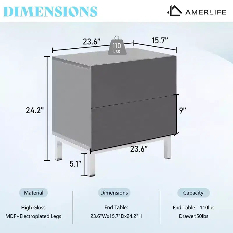 AMERLIFE 24 Tables de Chevet Modernes Haute Brillance Électrolytiques, Lot de 2 avec Tiroirs de Rangement, Grises