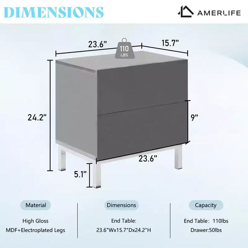 AMERLIFE 24 Tables de Chevet Modernes Haute Brillance Électrolytiques, Lot de 2 avec Tiroirs de Rangement, Grises