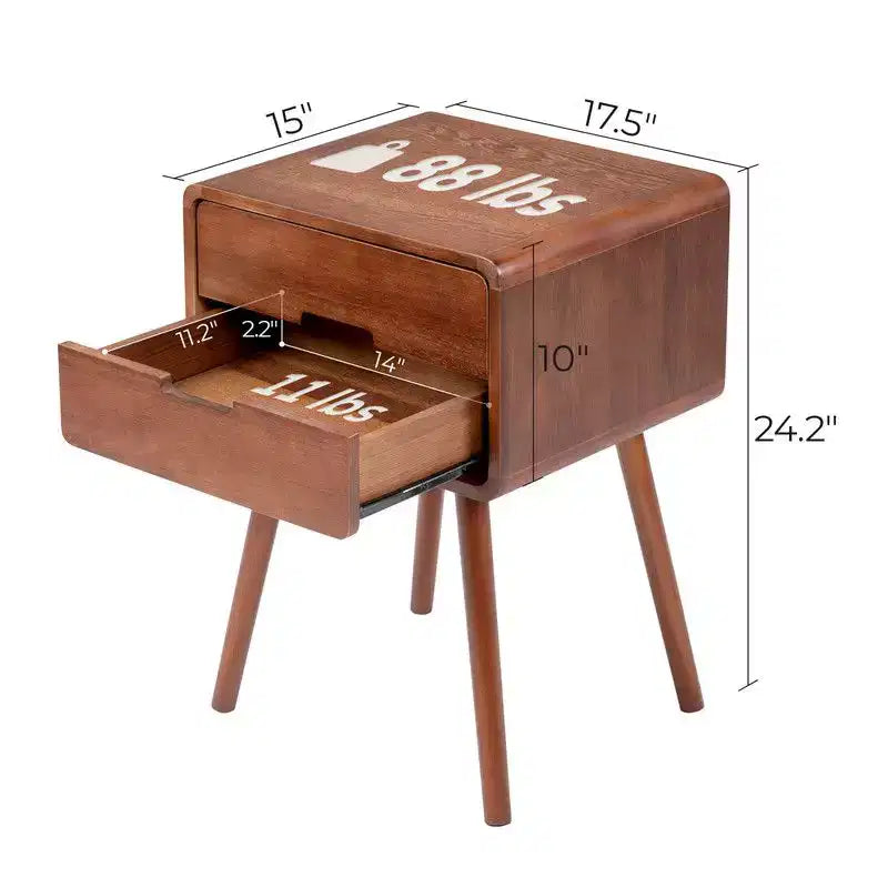 Karl Home Table de chevet mi-siècle en bois massif pour chambre, 43,9 cm (17,32 po) de largeur
