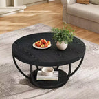 Table basse ronde Lantine 31.7, table basse circulaire à 2 niveaux avec étagères de rangement, table basse moderne pour salon noir