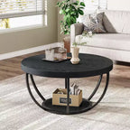 Table basse ronde Lantine 31.7, table basse circulaire à 2 niveaux avec étagères de rangement, table basse moderne pour salon noir