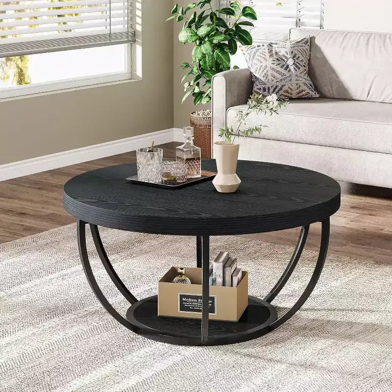 Table basse ronde Lantine 31.7, table basse circulaire à 2 niveaux avec étagères de rangement, table basse moderne pour salon noir