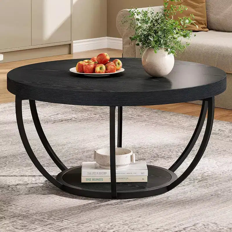 Table basse ronde Lantine 31.7, table basse circulaire à 2 niveaux avec étagères de rangement, table basse moderne pour salon noir