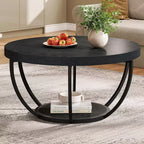 Table basse ronde Lantine 31.7, table basse circulaire à 2 niveaux avec étagères de rangement, table basse moderne pour salon noir
