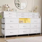 Commode de chambre à 14 tiroirs, commode de 55" de large avec pochette latérale, cadre en métal et dessus en bois avec étagères ouvertes, pour chambre, salon, dressing