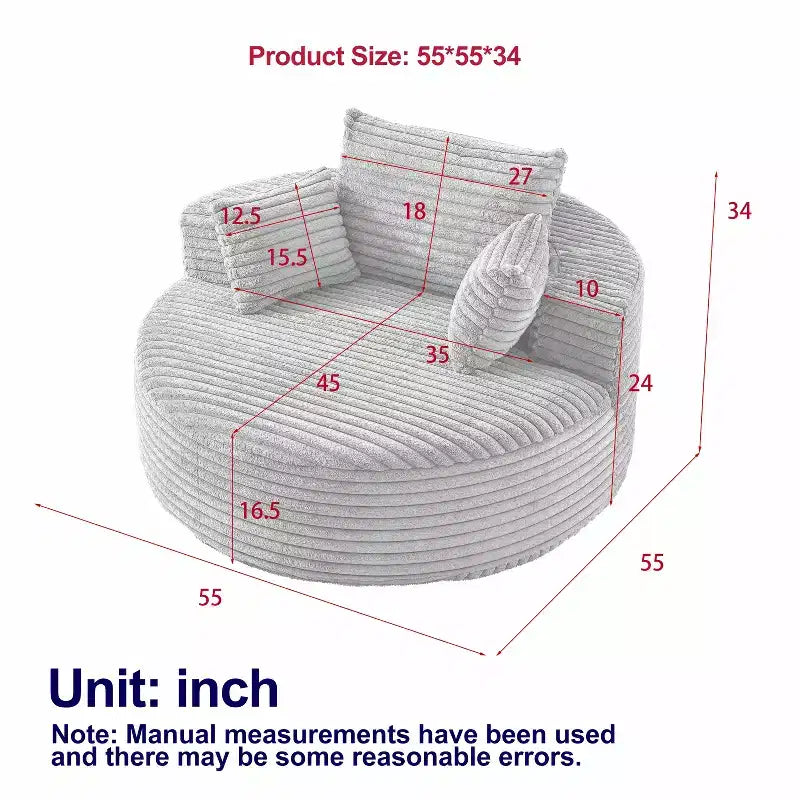Fauteuil de couchage moelleux en velours côtelé de 55 po de largeur avec oreillers, fauteuil-canapé moderne extra large pour salon, chambre ou lounge - ModernLuxe