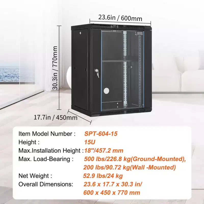 VEVOR Armoire réseau murale 15U, capacité de charge au sol maximale de 227 kg, boîtier de rack de serveur avec porte en verre trempé verrouillable, panneaux latéraux
