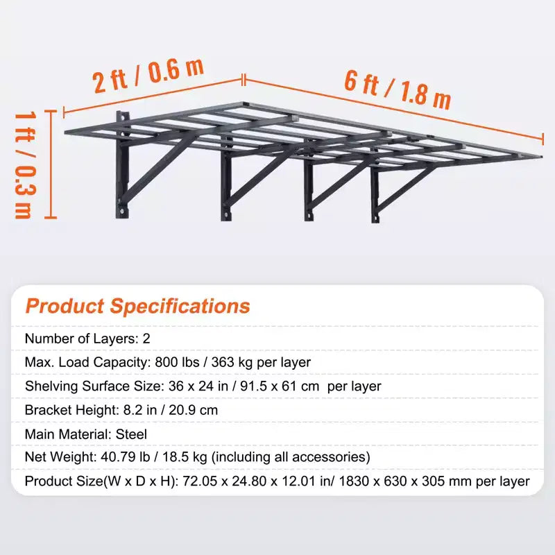 Étagères de rangement de garage VEVOR, lot de 2, 6 x 2 pieds, murales robustes, capacité de charge de 1 1600 lb (total)