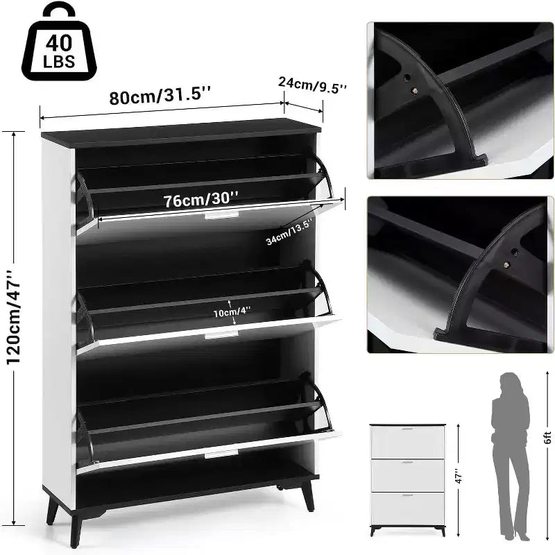 Meuble à Chaussures, Meuble de Rangement pour Chaussures avec 3 Tiroirs Basculants, Étagère à Chaussures sur Pied de 120 cm de Haut