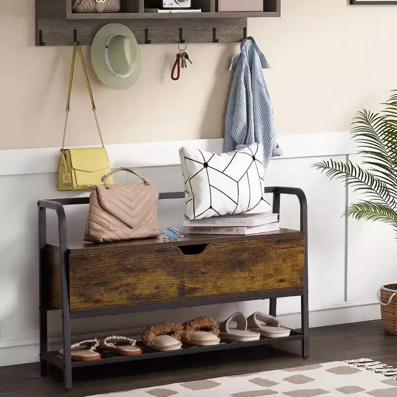 Banc à chaussures avec rangement, organisateur de rangement pour chaussures en bois de 33 pouces avec boîte à couvercle relevable