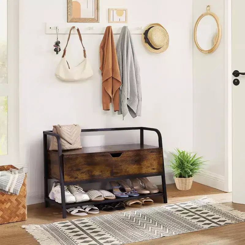 Banc à chaussures avec rangement, organisateur de rangement pour chaussures en bois de 33 pouces avec boîte à couvercle relevable