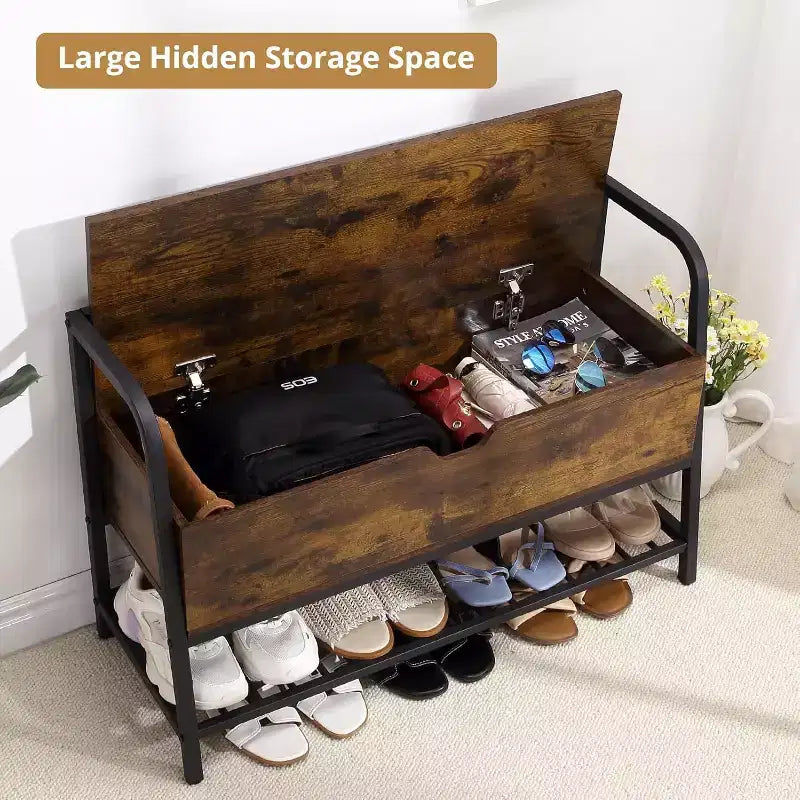 Banc à chaussures avec rangement, organisateur de rangement pour chaussures en bois de 33 pouces avec boîte à couvercle relevable