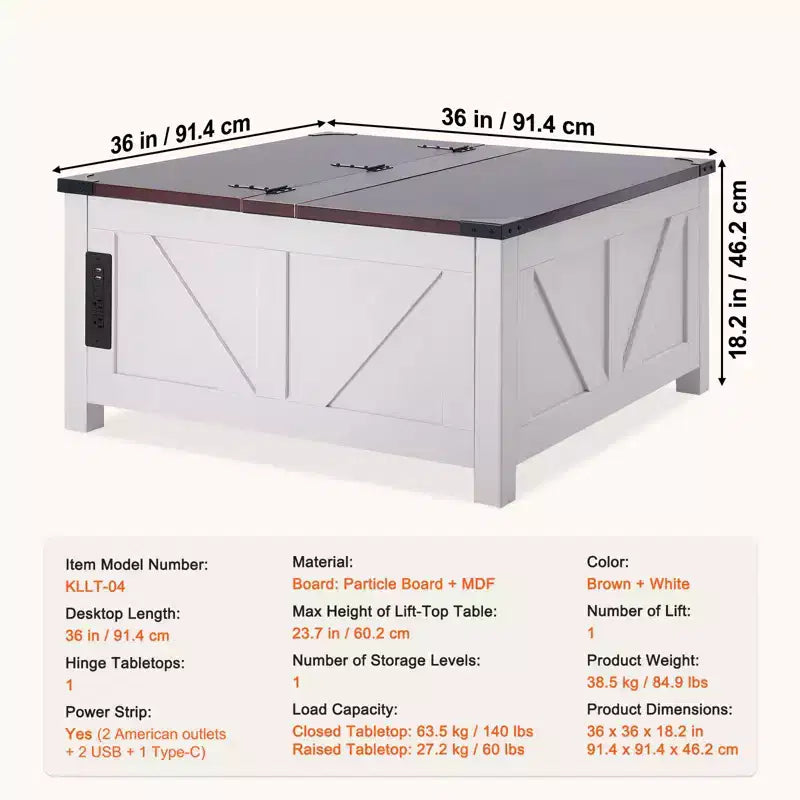 Table basse de ferme VEVOR 36, table basse carrée à plateau relevable et charnière avec multiprise intégrée, table basse rustique en bois, marron et blanc