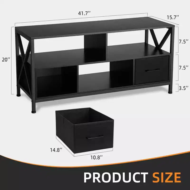 Meuble TV, Centre de divertissement avec 2 tiroirs en tissu et étagère ouverte, Commode de meuble TV, Table console
