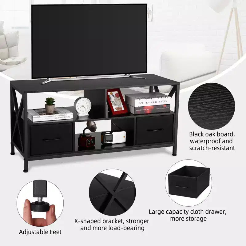 Meuble TV, Centre de divertissement avec 2 tiroirs en tissu et étagère ouverte, Commode de meuble TV, Table console
