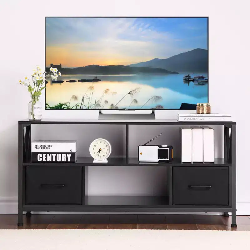Meuble TV, Centre de divertissement avec 2 tiroirs en tissu et étagère ouverte, Commode de meuble TV, Table console
